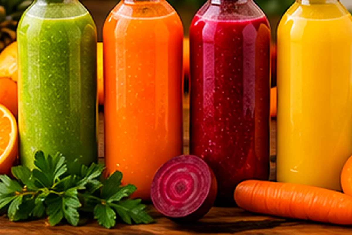 Suco verde, laranja com cenoura, vermelho e tropical